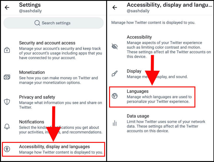 「Accessibility,display and language」>「Languaes」