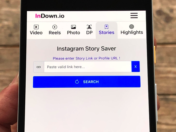 InDown.io内のInstagra Story Saverの検索画面